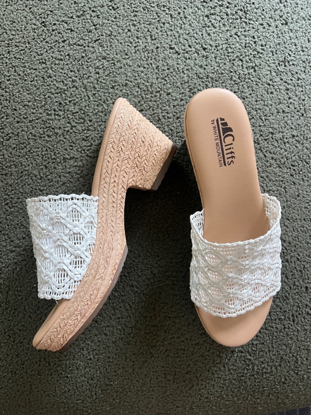 Cliffs by WHITE MOUNTAIN White Crochet Slide Wedge with Tan Sole